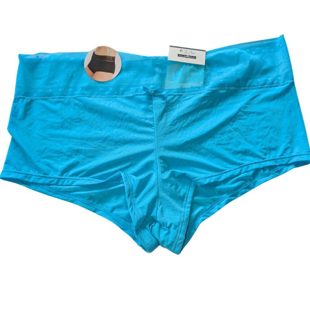 XL  TURQUOISE BOYSHORT PANTIES LACE FLORAL NO BIND BAND SILKY GATHERED BACK NWT